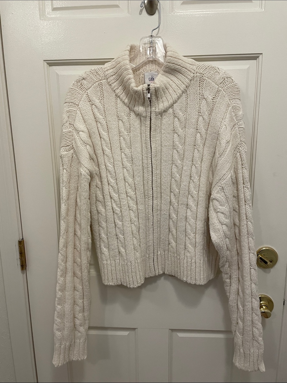 CAbi Eastwood cable knit zip sweater size L